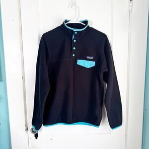 Patagonia Women’s Synchilla Fleece Pullover Funnel Snap Neck Black Blue Piping M